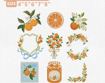 Coquette Orange Embroidery Design Bundle, Citrus Fruit Embroidery Files, Orange Blossom Wreath Jam Jar Frame,Summer Kitchen Instant Download