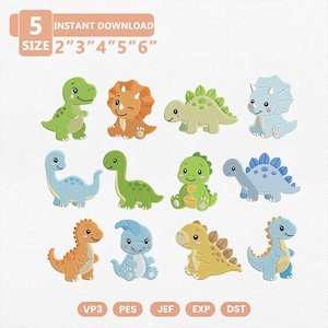 Puede incluir: Un conjunto de diseños de bordado digital con doce dinosaurios de dibujos animados coloridos en varias poses. El texto dice 5 SIZE 2" 3" 4" 5" 6" INSTANT DOWNLOAD y los formatos de archivo VP3, PES, JEF, EXP, DST. Cada dinosaurio es único.