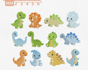 Pacote de desenhos de bordado de dinossauro, arquivo de bordado de dinossauro fofo, bordado à máquina de dinossauro para bebê, kit de presente para camiseta infantil, download instantâneo