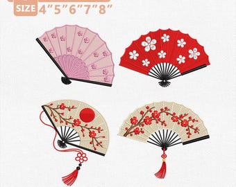 Japanese Fan Embroidery Design Bundle, Folding Fan Embroidery File, Sakura Cherry Blossom Machine Embroidery, Asian Floral Instant Download