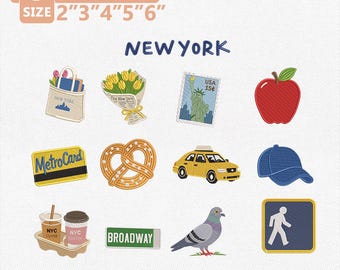 New York Charm Embroidery Design Bundle, NYC Icons Embroidery File, New York Travel Collection, Big Apple City Decor, Instant Download