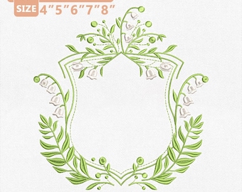 Lelietje-van-dalen embleem borduurontwerp, bloemen monogram frame borduurbestand, lentebloem machineborduurwerk, bruiloft direct downloaden