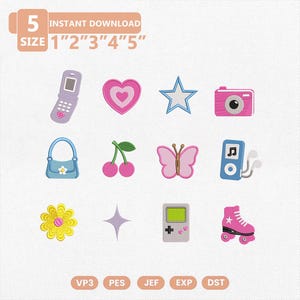 May include: A digital embroidery design set featuring twelve icons: a flip phone, heart, star, camera, handbag, cherries, butterfly, music player, flower, sparkle, handheld game console, and roller skate. Text includes 5 SIZE 1" 2" 3" 4" 5" VP3 PES JEF EXP DST.