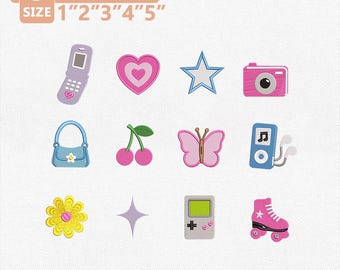 Y2K Chic Stickpaket, Nostalgie-Designs der 2000er, Retro-Mädchen-Motive, süße Y2K-Accessoires, Maschinenstickmuster, Sofort-Download
