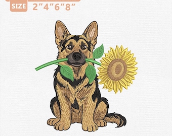 Desenho de bordado de Pastor Alemão com Girassol, Cachorro fofo segurando uma flor, Presente para Amantes de Animais de Estimação, Bordado Floral de Filhote, Arquivos PES e DST em 4 Tamanhos