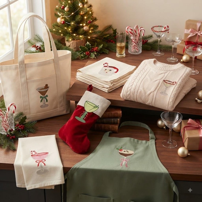 May include: A collection of holiday-themed items including a cream canvas tote bag, a stack of white napkins with a Santa embroidery, a cream cable-knit sweater, a red velvet stocking, and a sage green apron, all featuring cocktail motifs.
