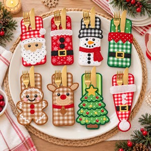 Puede incluir: Ocho soportes festivos para cubiertos con diseños bordados de Santa, un muñeco de nieve, un elfo, un hombre de jengibre, un reno, un árbol de Navidad y un gorro de Santa, cada uno con un tenedor y cuchillo dorados sobre un plato blanco.