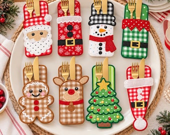 Juego de 8 soportes para cubiertos navideños con apliques ITH, diseños de bolsillos para cubiertos navideños, decoración de mesa navideña, Papá Noel y muñeco de nieve, descarga instantánea.