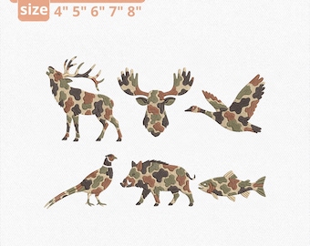 6 desenhos de bordado de camuflagem de animais selvagens, tema caça e pesca (arquivos digitais)