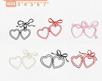 Pacote de Bordados para Medalhão de Coração com Laço, Arquivos para Máquina de Bordado Coquette Valentine, Download Instantâneo de Bordado de Contorno de Pingente de Óculos de Coração