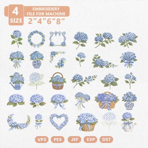 May include: A collection of blue hydrangea embroidery designs in various arrangements, including wreaths, bouquets, and baskets. The designs are labeled with sizes 2", 4", 6", and 8", and file types VP3, PES, JEF, EXP, and DST. The flowers have green leaves and blue ribbons.