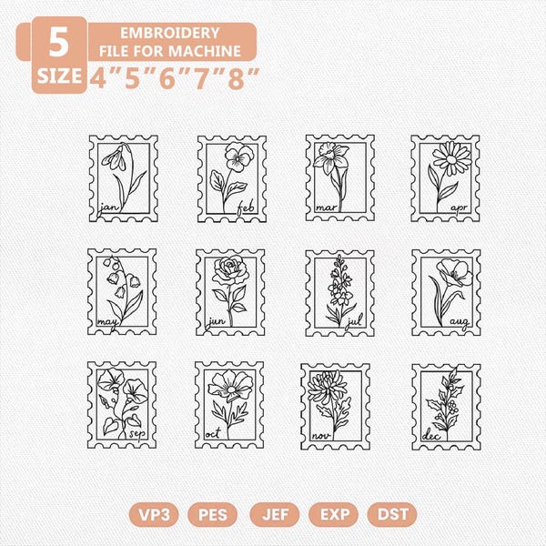 Paquete de diseños de bordado de flores del mes de nacimiento, archivos para máquina de sellos postales florales, arte lineal botánico minimalista, descarga instantánea PES DST JEF