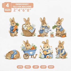 May include: An embroidery file for machine featuring eight adorable cartoon bunnies in various poses. The bunnies are depicted with carrots, watering plants, and using gardening tools. The image includes the text "EMBROIDERY FILE FOR MACHINE" and size options.