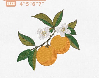 Orange Branch Embroidery Design, Citrus Fruit Embroidery File, Orange Blossom Machine Embroidery, Summer Kitchen Towel Instant Download