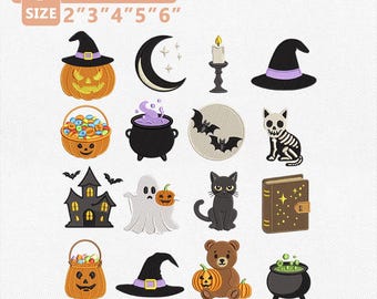 Halloween mini-pictogram borduurontwerp, Halloween-pictogrammen borduurbestand, Ghost Pumpkin Witch Hat-borduurwerk, spookachtige bundel direct downloaden