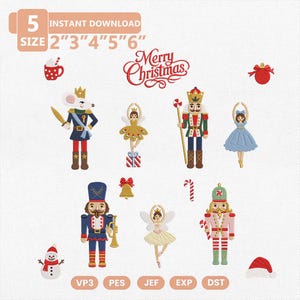 May include: A digital embroidery design set featuring Christmas characters including nutcrackers, ballerinas, a mouse king, a snowman, and holiday icons like a candy cane, bell, and ornament. Text reads 5 SIZE 2" 3" 4" 5" 6" and Merry Christmas.