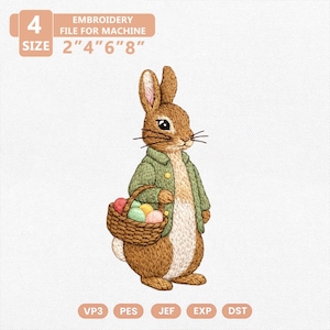May include: An embroidered design of a brown rabbit wearing a green jacket and holding a basket of colorful Easter eggs. The design is available in sizes 2", 4", 6", and 8" for machine embroidery. The image includes the text "EMBROIDERY FILE FOR MACHINE".
