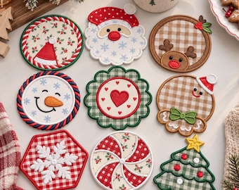 Set of 9 ITH Applique Cute Christmas Mug Rug Designs, Holiday Embroidery, Festive Coaster, Winter Kitchen Decor, Instant Download