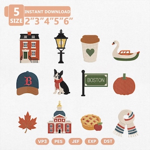 May include: A collection of eleven machine embroidery designs including a brick house, street lamp, coffee cup with heart, swan boat, baseball cap with letter B, Boston Terrier, Boston sign, pumpkin, maple leaf, building, pie, apple, and scarf.