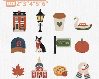 Paquete de diseños de bordado Otoño en Boston, archivo de bordado de la ciudad de Boston, colección Otoño de Nueva Inglaterra, decoración acogedora para viajes, descarga instantánea.