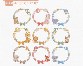 Paquete de diseños de bordado con marcos de monogramas de animales bebés, 9 marcos con nombres para guardería con lazos, osito de peluche, conejo, elefante, archivos de bordado a máquina