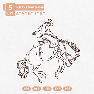May include: A brown line art embroidery design of a cowboy riding a bucking horse. The text reads 5 SIZE 4" 5" 6" 7" 8" INSTANT DOWNLOAD and file formats VP3, PES, JEF, EXP, DST. The illustration shows a rider in a hat and chaps on a horse.