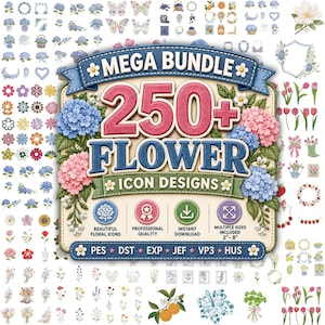 MEGA BUNDLE 250+ Floral Embroidery Design, Hydrangea Embroidery, Botanical Flowers, Frame Crest Flower Designs, Aesthetic Instant Download