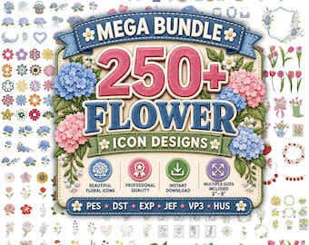 MEGA-PAKET: Über 250 florale Stickmuster, Hortensienstickereien, botanische Blumenmotive, Rahmenblumen-Designs, ästhetische Sofort-Downloads