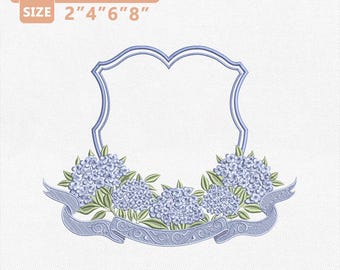 Arquivo de bordado à máquina para brasão de casamento com flor de hortênsia azul, arquivo de bordado floral de hortênsia, brasão de casamento romântico, bordado de brasão com monograma