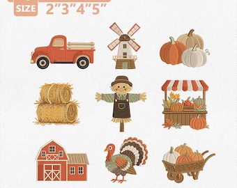 Paquete de diseños de bordado Hygge Autumn Farm Mini, iconos de cosecha acogedores, colección de huerto de calabazas rústicas, archivo para máquina de bordar de otoño, descarga instantánea.
