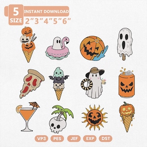 May include: A collection of twelve Halloween-themed embroidery designs featuring ghosts, jack-o'-lanterns, ice cream, pizza, and tropical drinks. Text includes 5 SIZE 2" 3" 4" 5" 6" and file formats VP3, PES, JEF, EXP, DST. The graphics are colorful and cartoon-style.