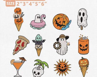 Summerween Icon Embroidery Design Bundle, Halloween Summer Embroidery File, Ghost Pumpkin Beach Machine Embroidery, Spooky Instant Download