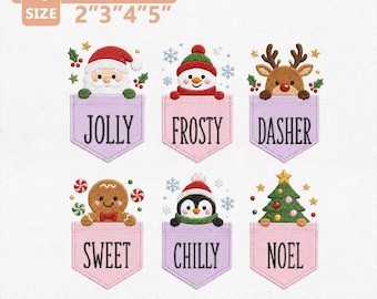 Paquete de diseños de bordado navideños para bolsillo, lindos diseños de Papá Noel, muñeco de nieve, reno y árbol de jengibre para máquina de bordar, descarga instantánea.