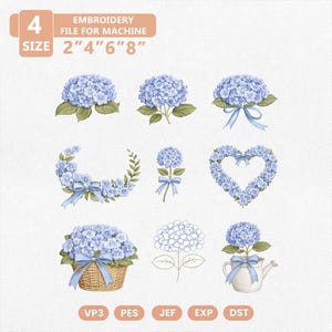 May include: A collection of blue hydrangea embroidery designs. The designs include individual flowers, a heart shape, a wreath, and a basket arrangement. The text at the top reads "EMBROIDERY FILE FOR MACHINE" and "SIZE 2"4"6"8".