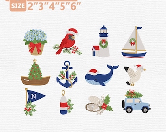 Nantucket Christmas Embroidery Design Bundle, Coastal Christmas Machine Embroidery, Nautical Holiday Design, Instant Download