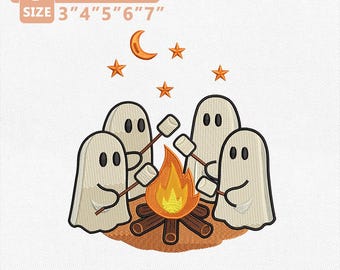 Cute Ghost Campfire Embroidery Design, Halloween Ghost Embroidery File, Marshmallow Campfire Machine Embroidery,Spooky Fall Instant Download