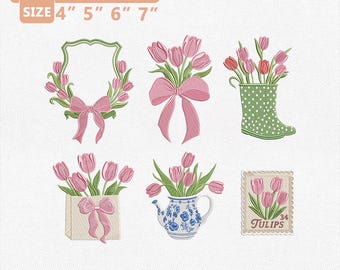 Tulip Embroidery Design Bundle, Tulip Crest Machine File, Tulip Bow Garden Boot Chinoiserie Pitcher, Spring Flowers Instant Download PES DST