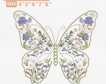 Desenho de Bordado Floral de Borboleta, Arquivo de Bordado de Borboleta e Flor, Bordado à Máquina de Jardim Botânico, Download Instantâneo de Desenho Floral