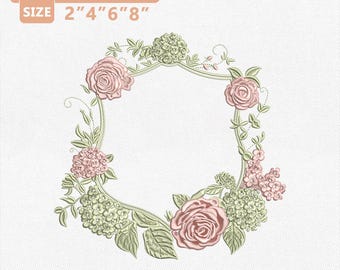 Design de bordado com monograma floral, moldura vintage com coroa de rosas e verde, moldura elegante com inicial, estilo jardim botânico, 4 tamanhos de arquivos PES e DST.