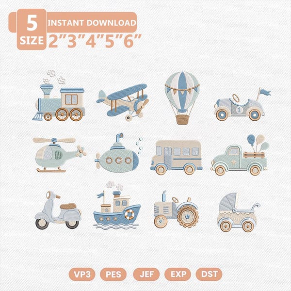 Stickmuster-Set „Fahrzeuge für Jungen“ (Mini-Design), Maschinenstickerei für Jungenfahrzeuge, niedliche Autos, LKWs, Flugzeuge, Züge, Sofort-Download