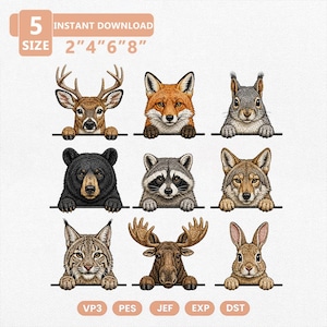Puede incluir: Un conjunto de diseños de bordado digital con nueve animales del bosque: ciervo, zorro, ardilla, oso negro, mapache, lobo, lince, alce y conejo. El texto dice 5 SIZE 2" 4" 6" 8" INSTANT DOWNLOAD con formatos de archivo VP3, PES, JEF, EXP, DST.
