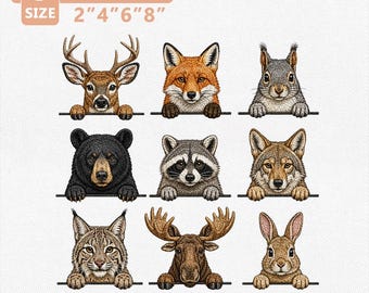 Paquete de diseños de bordado de animales del bosque de bolsillo, colección de fauna silvestre del bosque asomándose, archivo de bordado a máquina de cabaña rústica, descarga instantánea.