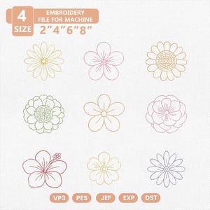 May include: An embroidery file for machine with nine floral designs in various styles and colors. The image includes the text "EMBROIDERY FILE FOR MACHINE" and "SIZE 2"4"6"8". The file formats are VP3, PES, JEF, EXP, and DST.