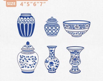 Pacote de Bordados Chinoiserie para Pote de Gengibre, Arquivo de Bordado para Vaso Azul e Branco, Bordado para Tigela de Porcelana, Download Instantâneo de Pote Floral