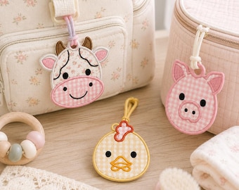 Juego de 6 llaveros con apliques de animales de granja para bordado en bastidor, archivo de bordado de apliques de caras de animales, etiqueta de nombre para niños, descarga instantánea para bordado en bastidor.