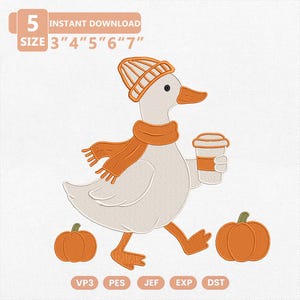 May include: An embroidery design featuring a white duck wearing an orange knit hat and scarf, holding a coffee cup, with two orange pumpkins. Text includes 5 SIZE 3" 4" 5" 6" 7" INSTANT DOWNLOAD and file formats VP3, PES, JEF, EXP, DST.