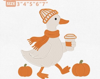 Gans Kürbisse Stickmuster, Herbst Gans Stickdatei, Kürbis Kaffee Maschinenstickerei, Herbst Ente Thanksgiving, Instant Download