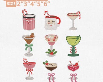 Pacchetto di disegni per ricamo di Martini natalizi, ricamo a macchina per cocktail delle feste, disegni di bevande natalizie, ricamo da bar, download immediato