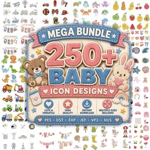Op de afbeelding: Een digitale collectie van meer dan 250 baby-icoonontwerpen met een centraal bord met een teddybeer en konijn, omringd door diverse kleine illustraties zoals voertuigen, dieren, fruit en kleding, met de tekst MEGA BUNDLE 250+ BABY ICON DESIGNS.