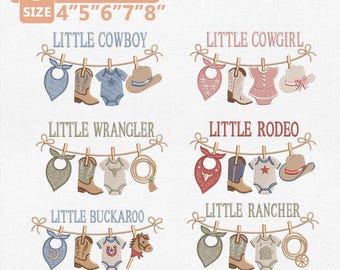 Paquete de diseños de bordado de vaqueras y vaqueras del oeste, tendedero para bebés, iconos de vaqueros y rancheros del oeste para bebés, descarga instantánea.
